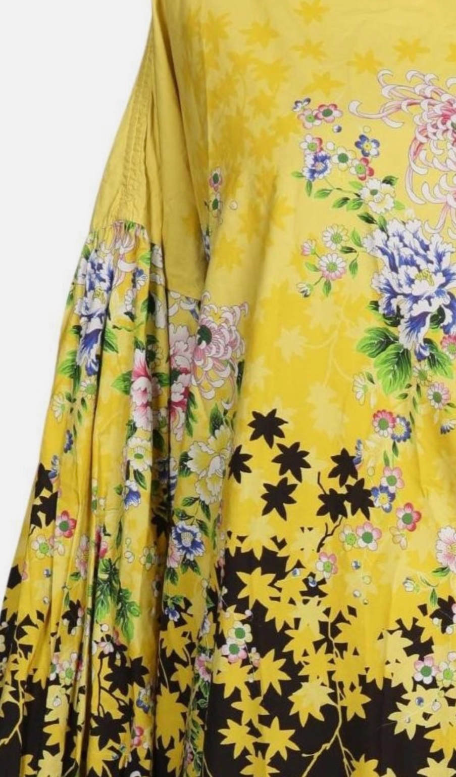 Knielanges Baumwollkleid mit japanisch inspiriertem Blumenprint (schwarz/gelb), lange Ärmel - Bild 2