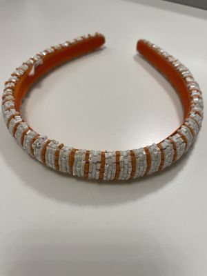 Schmaler Haarreifen mit Perlenstickerei, weiß/orange gestreift
