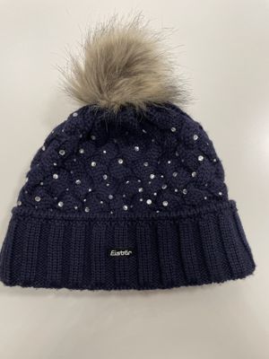 Pudelmütze/Beanie mit Umschlag, Strass & Fellbommel