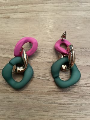 Ohrstecker mit 3 Kettengliedern (Pink/Gold/Grün)