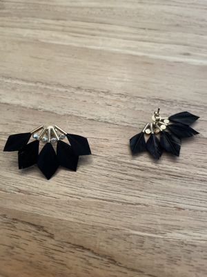 Fächerförmige Ohrstecker mit schwarzen Federn und Strass