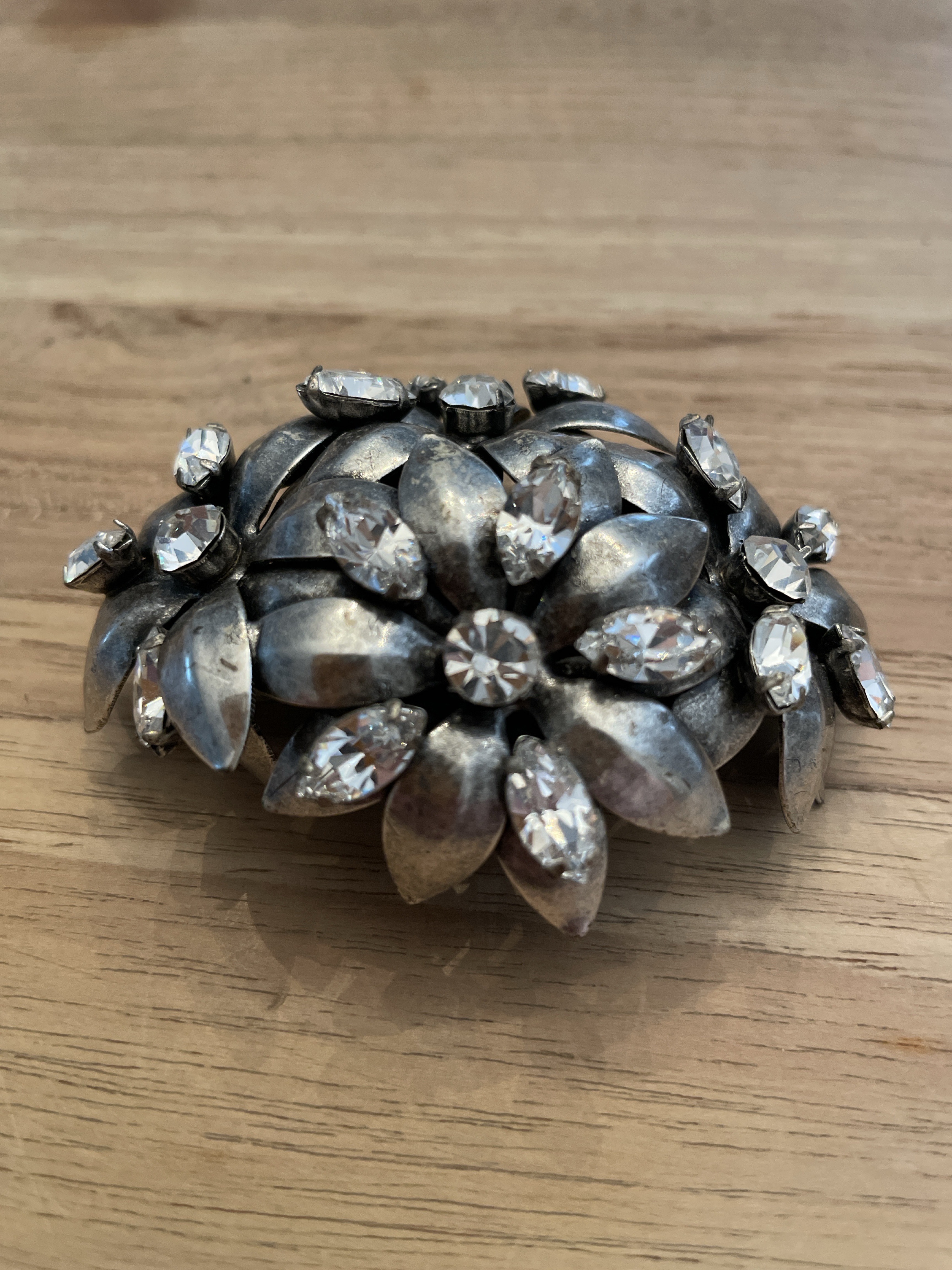 Vintage Haarklammer/Barrette in Antiksilber mit Strass-Blütenmotiv